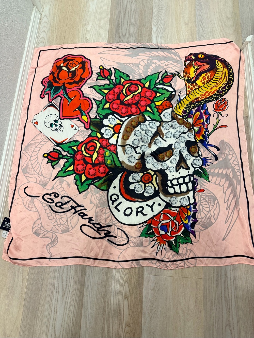 Ed Hardy Pink Skull, Rose & Snake Silk Scarf